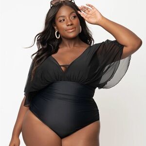 Unique Vintage Black mesh sleeved Torrey swimsuit sz L retro vintage